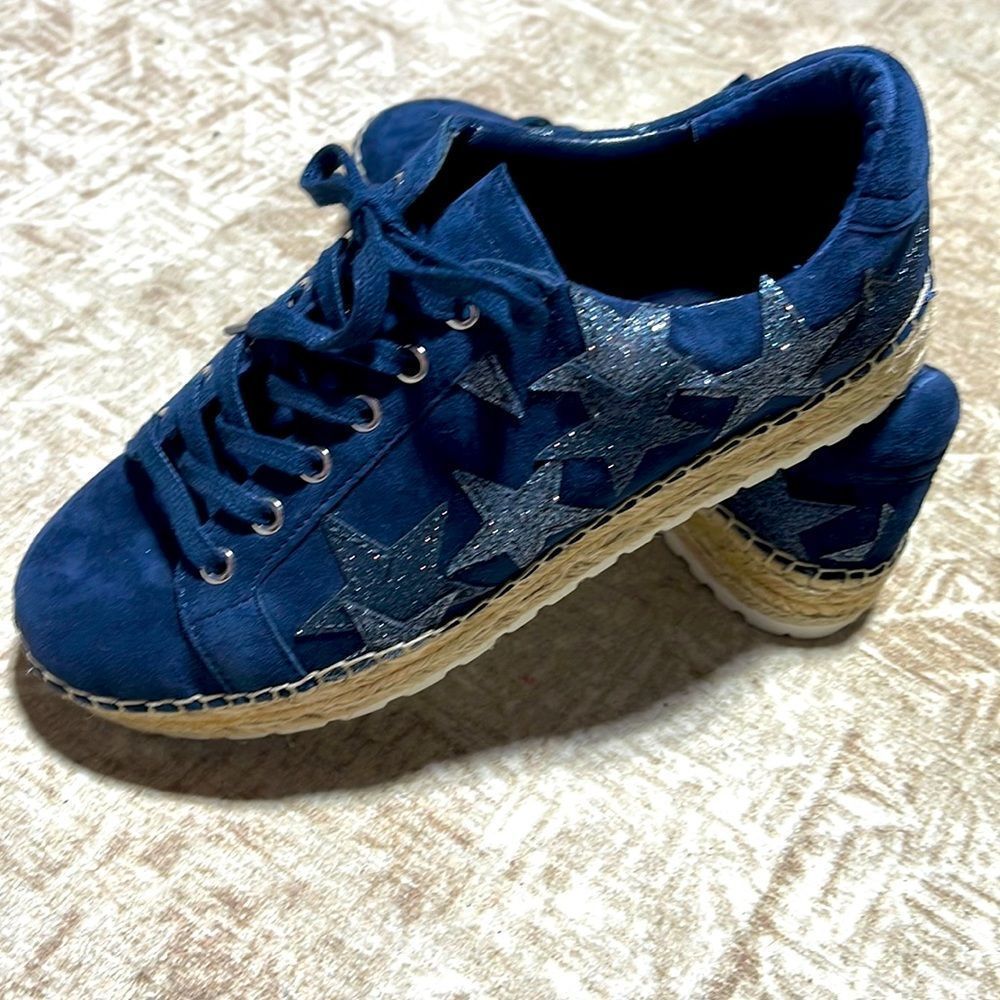 Marc Fisher Navy Suede Espadrille Sneakers with Silver Star Accents - Picture 3 of 14